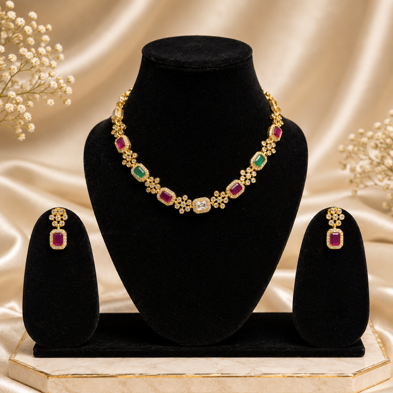 Elegant Multicolor Gemstone Necklace Set with Matching Earrings for Women