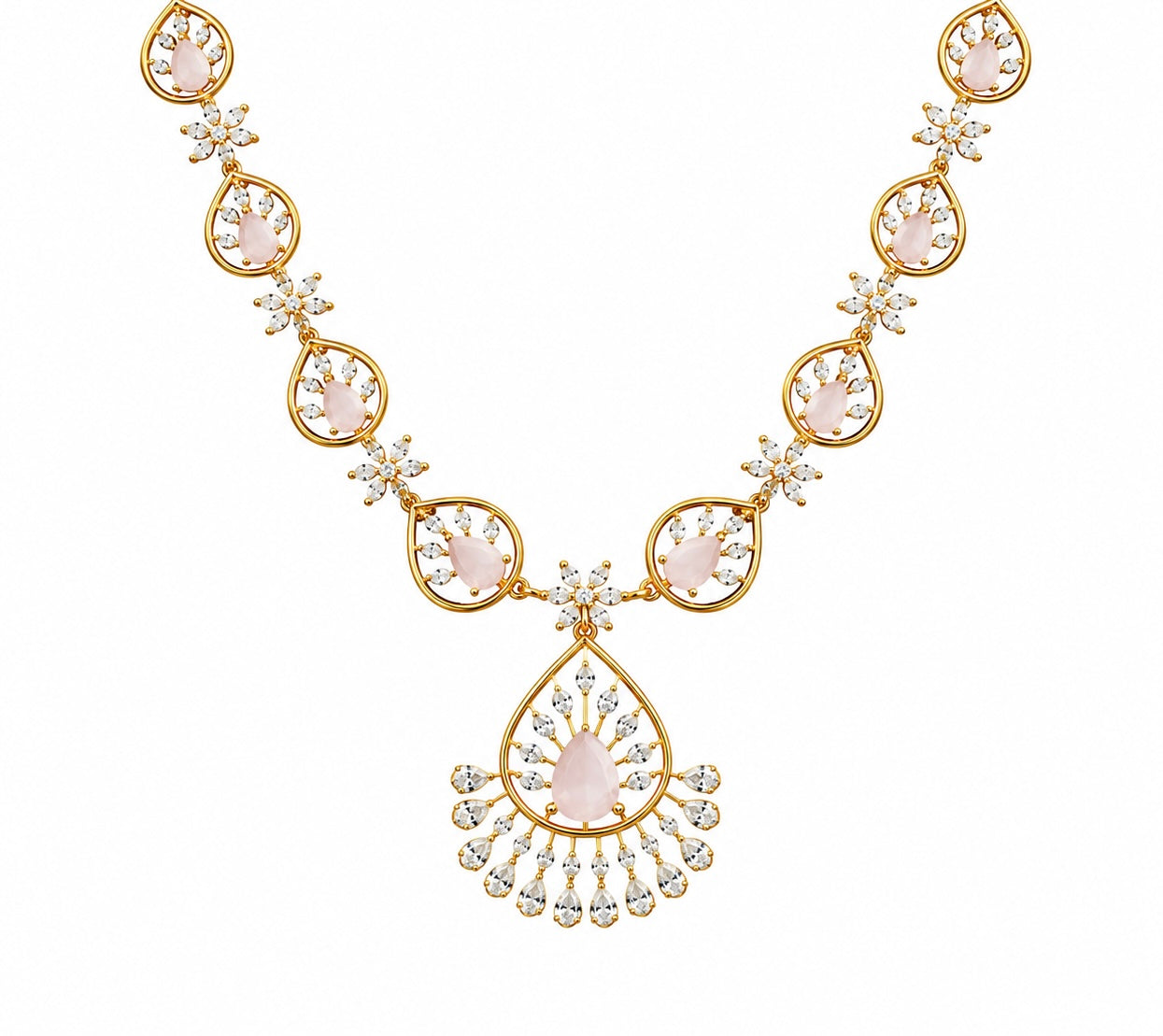 Pink Teardrop Crystal Necklace Set with Matching Earrings for Women