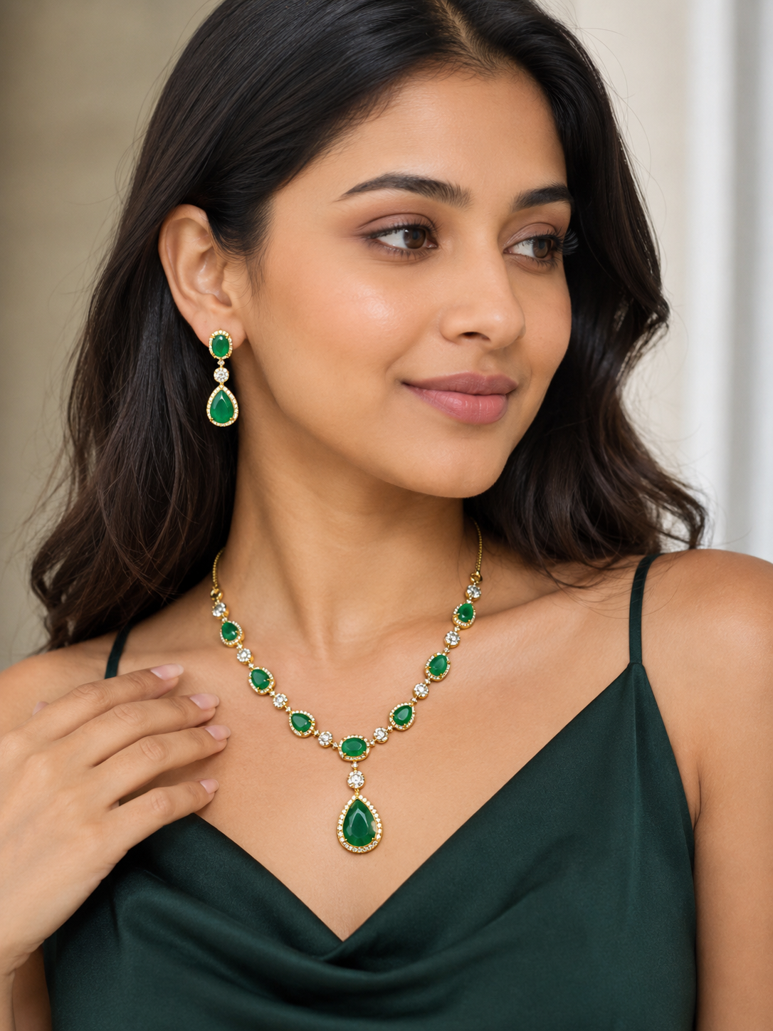 Emerald Green Teardrop Necklace Set with Matching Earrings for Women