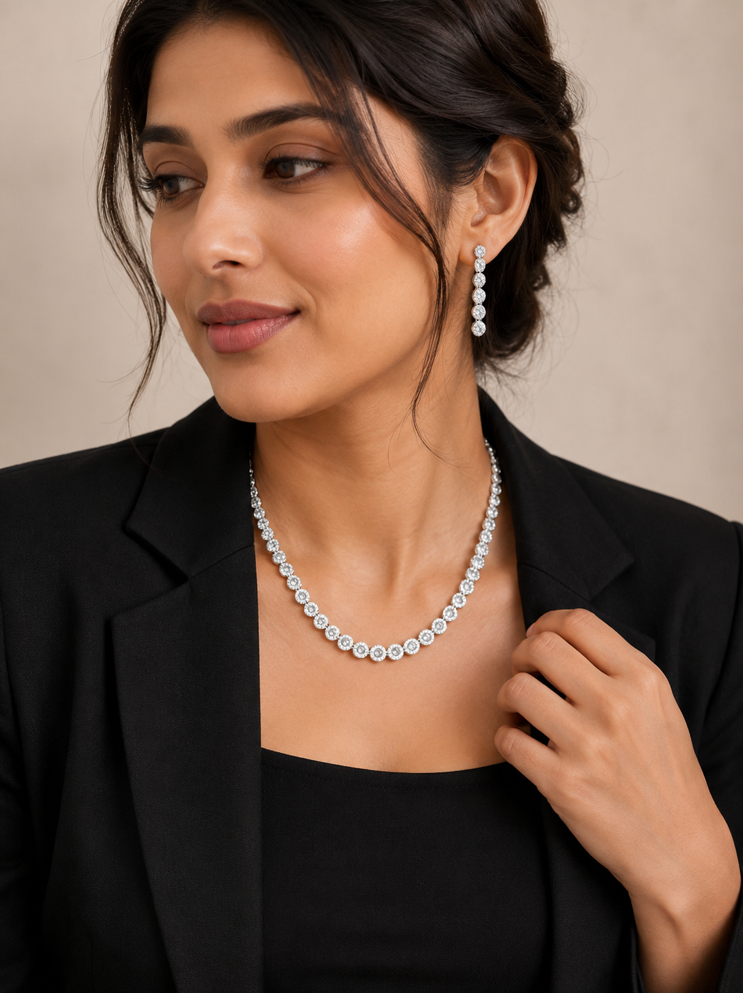Classic Solitaire Crystal Tennis Necklace Set with Matching Drop Earrings for Women