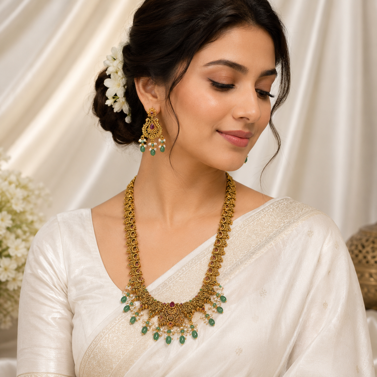 Antique Temple Jewelry Long Haram Necklace Set with Green Beads for Women