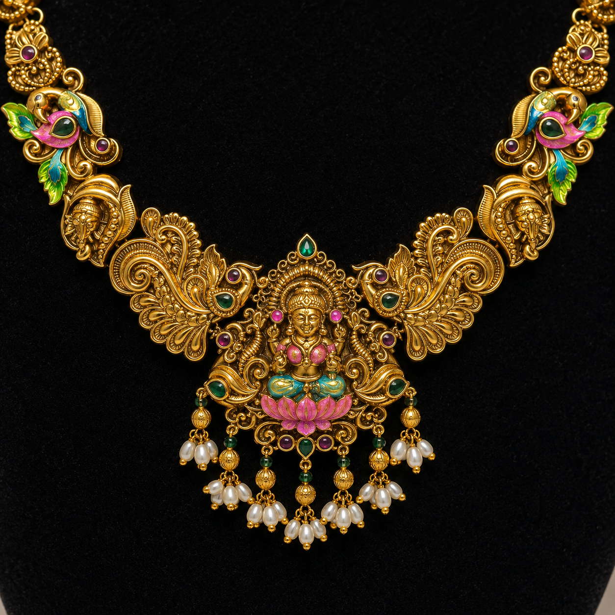 Designer Lakshmi Lotus Temple Necklace Set with Enamel Peacock Motifs for Women