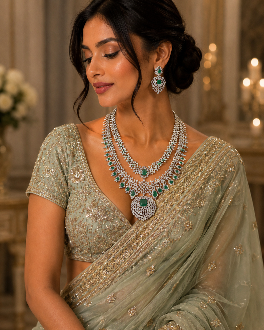 Luxury Emerald Green American Diamond Bridal Necklace Set with Matching Earrings for Women