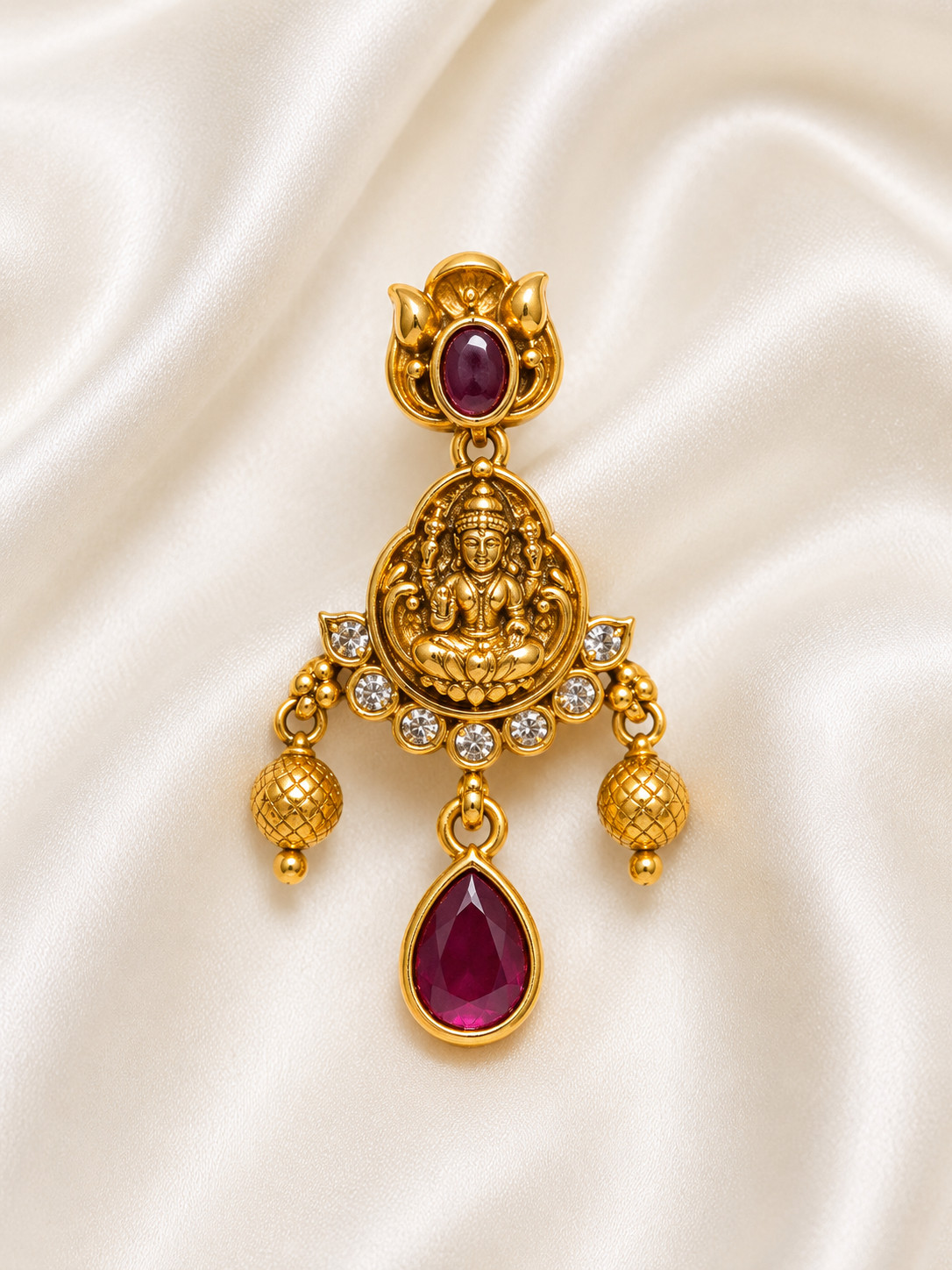 Traditional Lakshmi Pendant Necklace Set with Ruby Stone Accents for Women