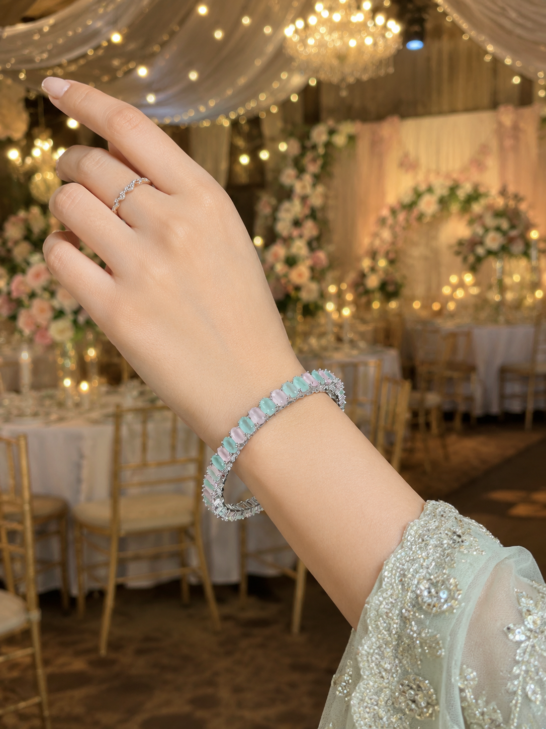 Elegant Pastel Pink and Mint Stone Bangle Set for Women