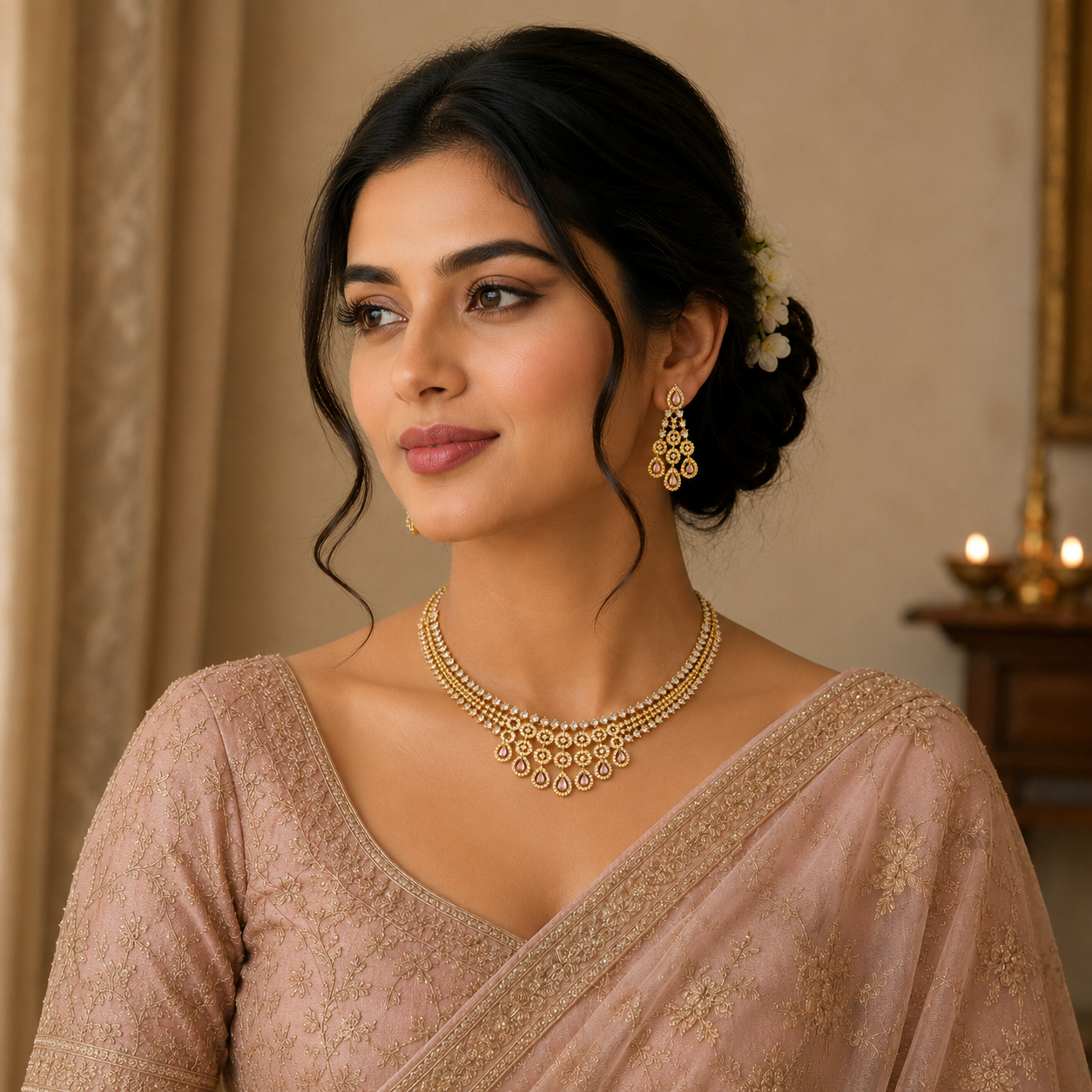 Elegant Pink Gold Party Wear Jewelry Set for Women