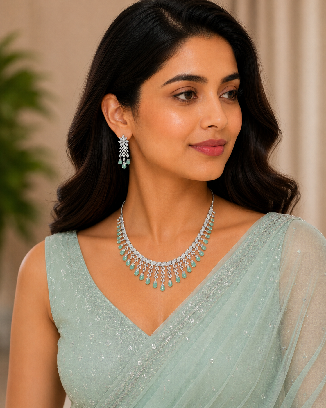 Mint Green Crystal Necklace Set with Matching Drop Earrings for Women