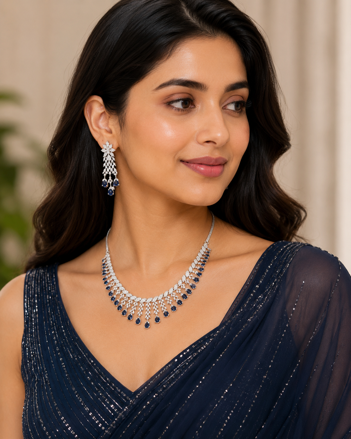 Royal Blue Sapphire Crystal Necklace Set with Matching Drop Earrings for Women