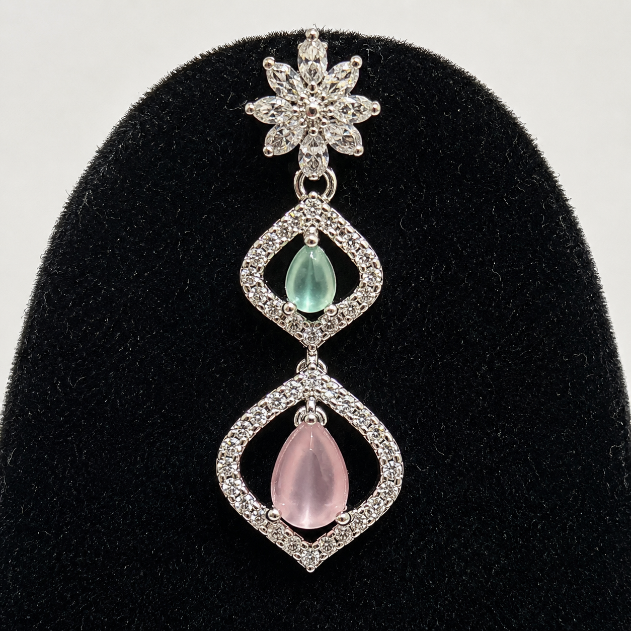 Pink and Mint Green Stone Necklace Set with Earrings for Women