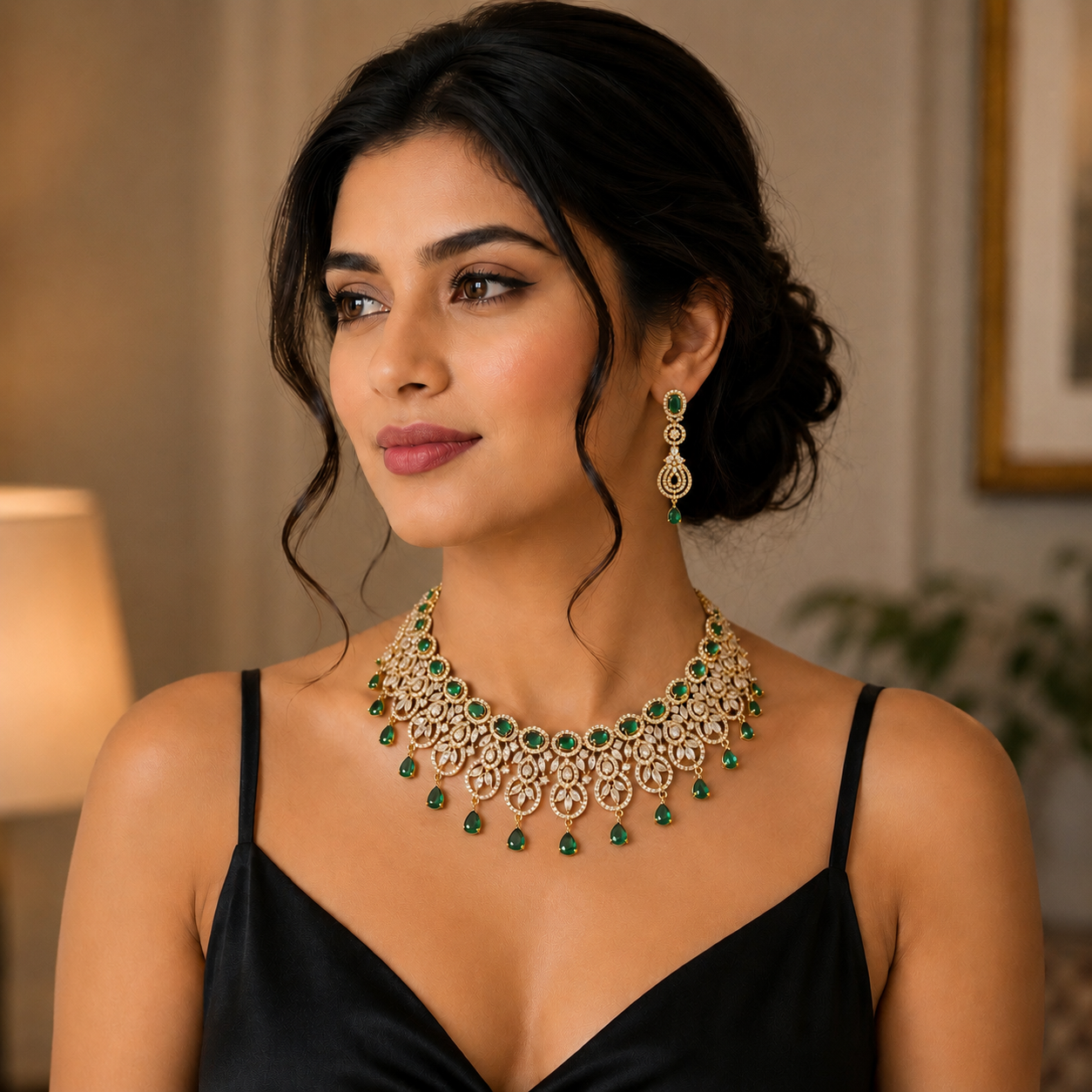 Premium Emerald Crystal Necklace and Earrings Set for Women