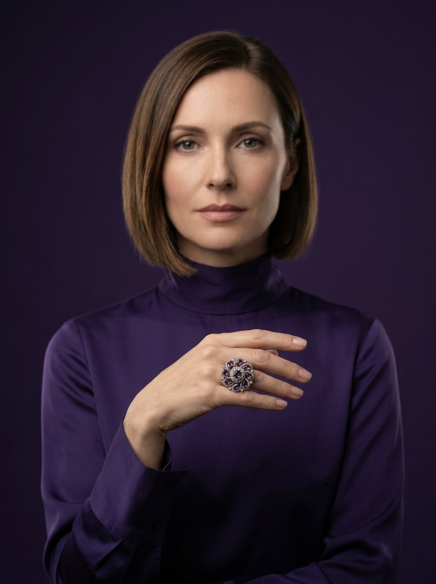 Antique Floral Purple Stone Ring – Elegant Vintage Statement Jewelry for Women