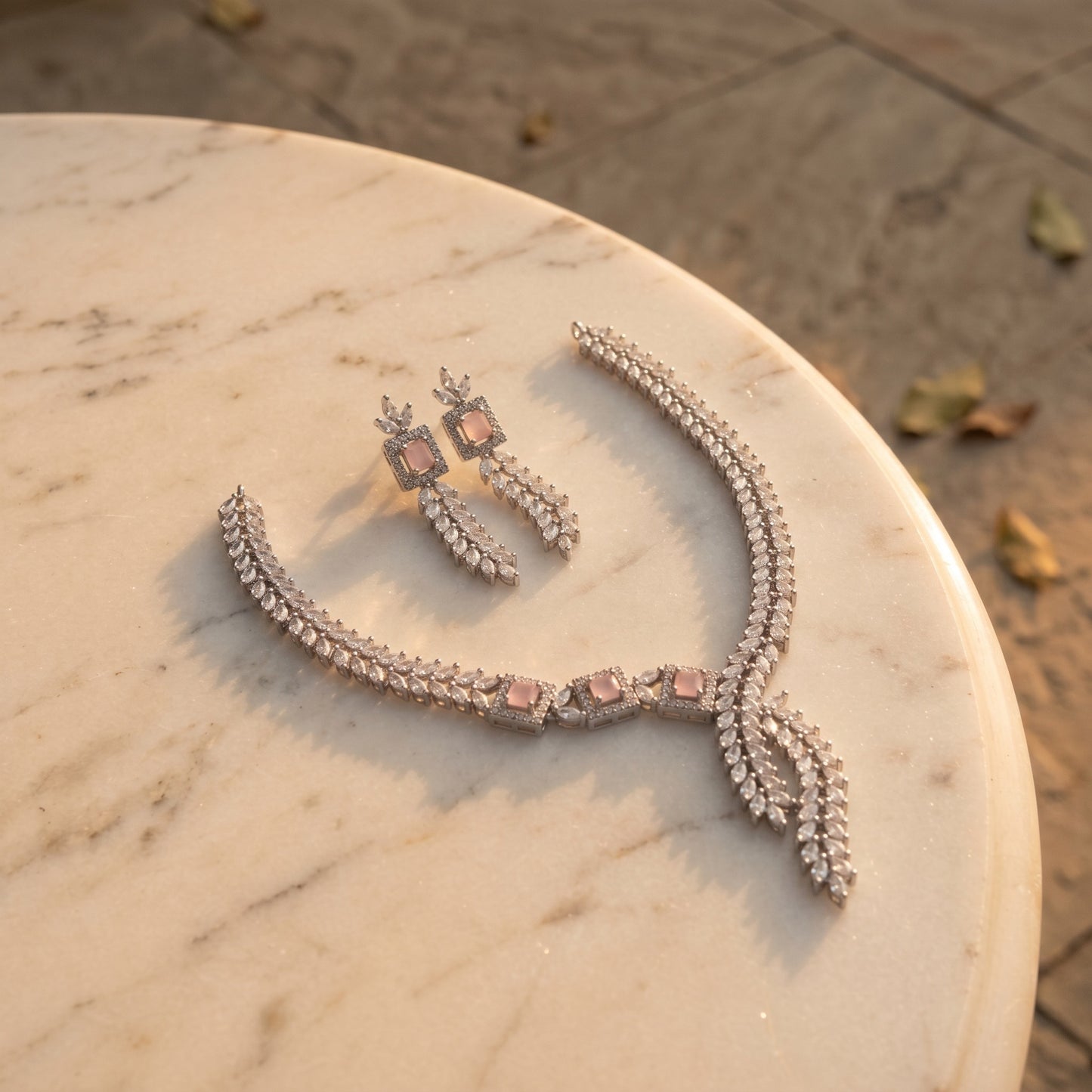 Blush Crystal Vine Necklace Set – Floral Pink Bridal Jewelry for Weddings & Festive Wear