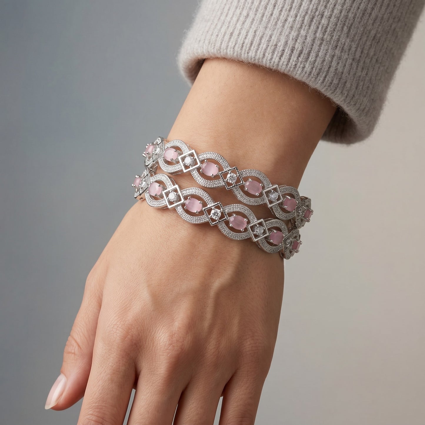 Pink Crystal Glow Floral Flowy Bangle Set for Women | Festive & Wedding Jewelry