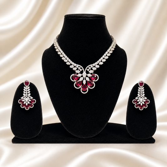 Ruby Red American Diamond Necklace Set with Matching Earrings for Women