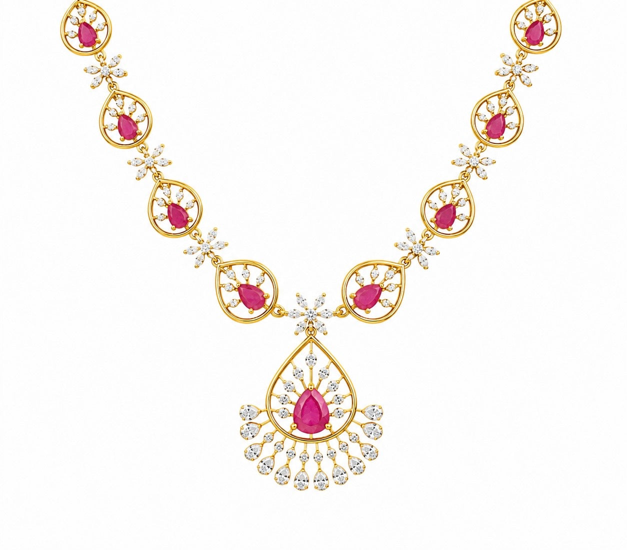 Ruby Pink Teardrop Crystal Necklace Set with Matching Earrings for Women