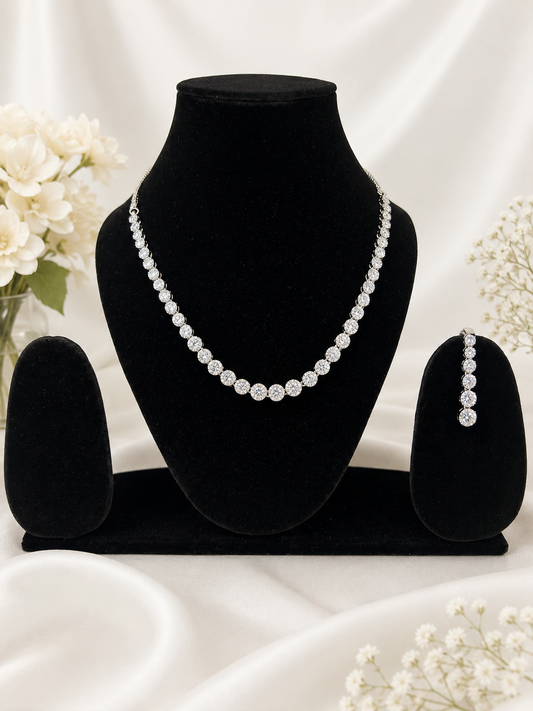 Classic Solitaire Crystal Tennis Necklace Set with Matching Drop Earrings for Women