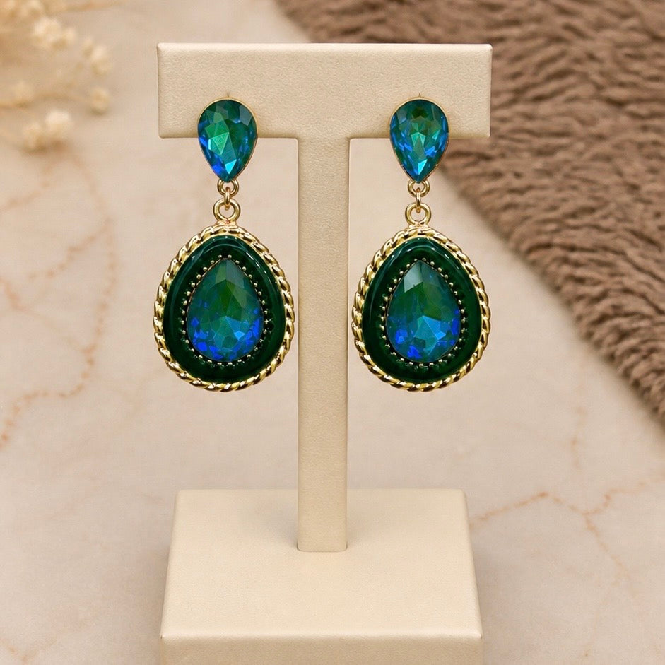 Royal Emerald Blue Teardrop Earrings for Women | Elegant Crystal Party Wear Earrings