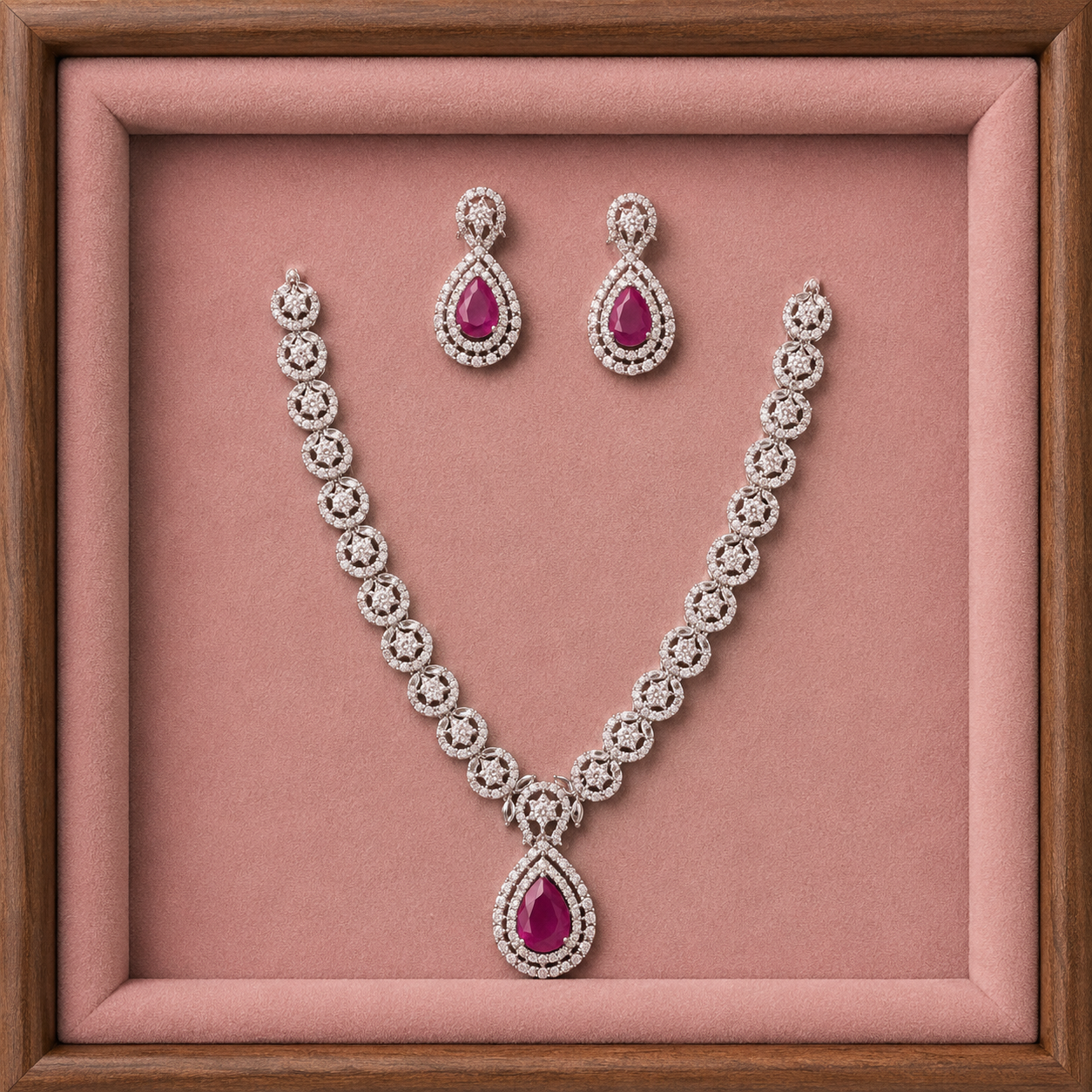 Elegant Ruby Crystal Necklace & Earring Set for Women | Designer Bridal Party Wear Jewelry Set