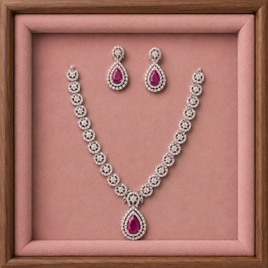 Elegant Ruby Crystal Necklace & Earring Set for Women | Designer Bridal Party Wear Jewelry Set