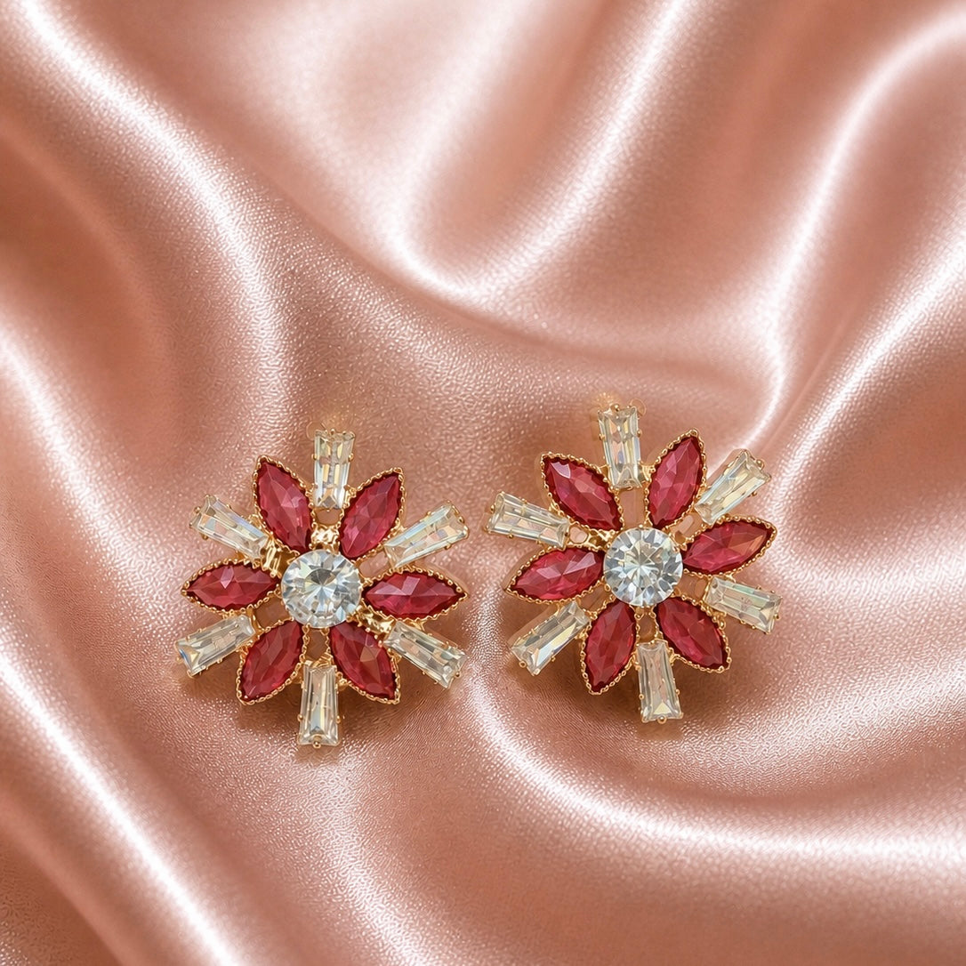 Elegant Floral Crystal Stud Earrings for Women | Designer Statement Party Wear Earrings