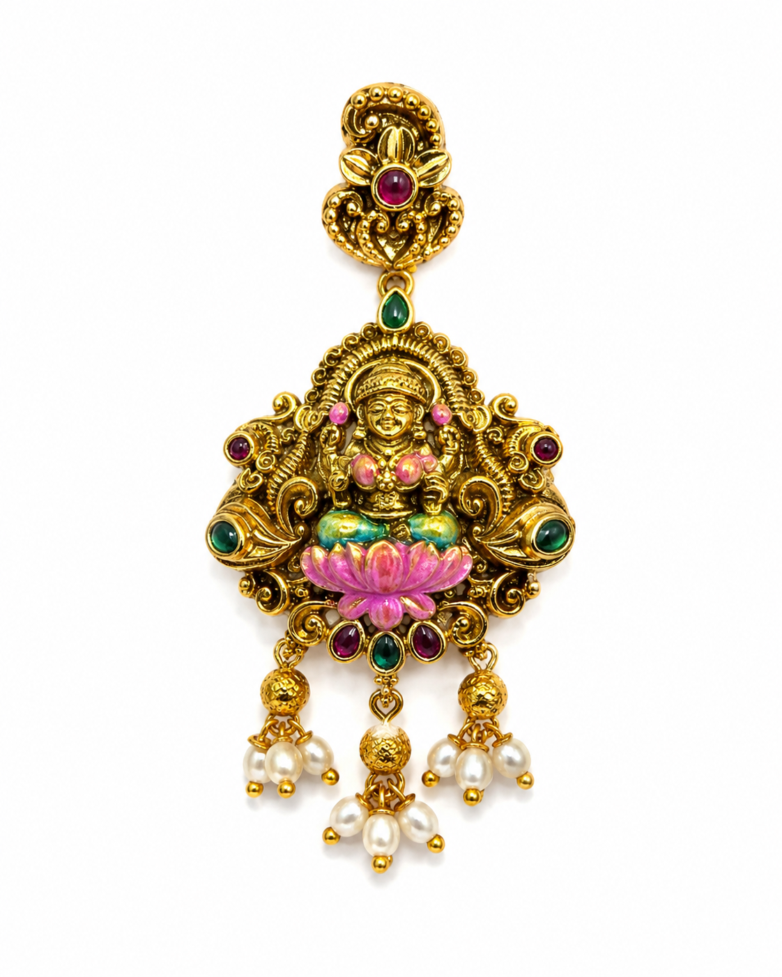 Designer Lakshmi Lotus Temple Necklace Set with Enamel Peacock Motifs for Women