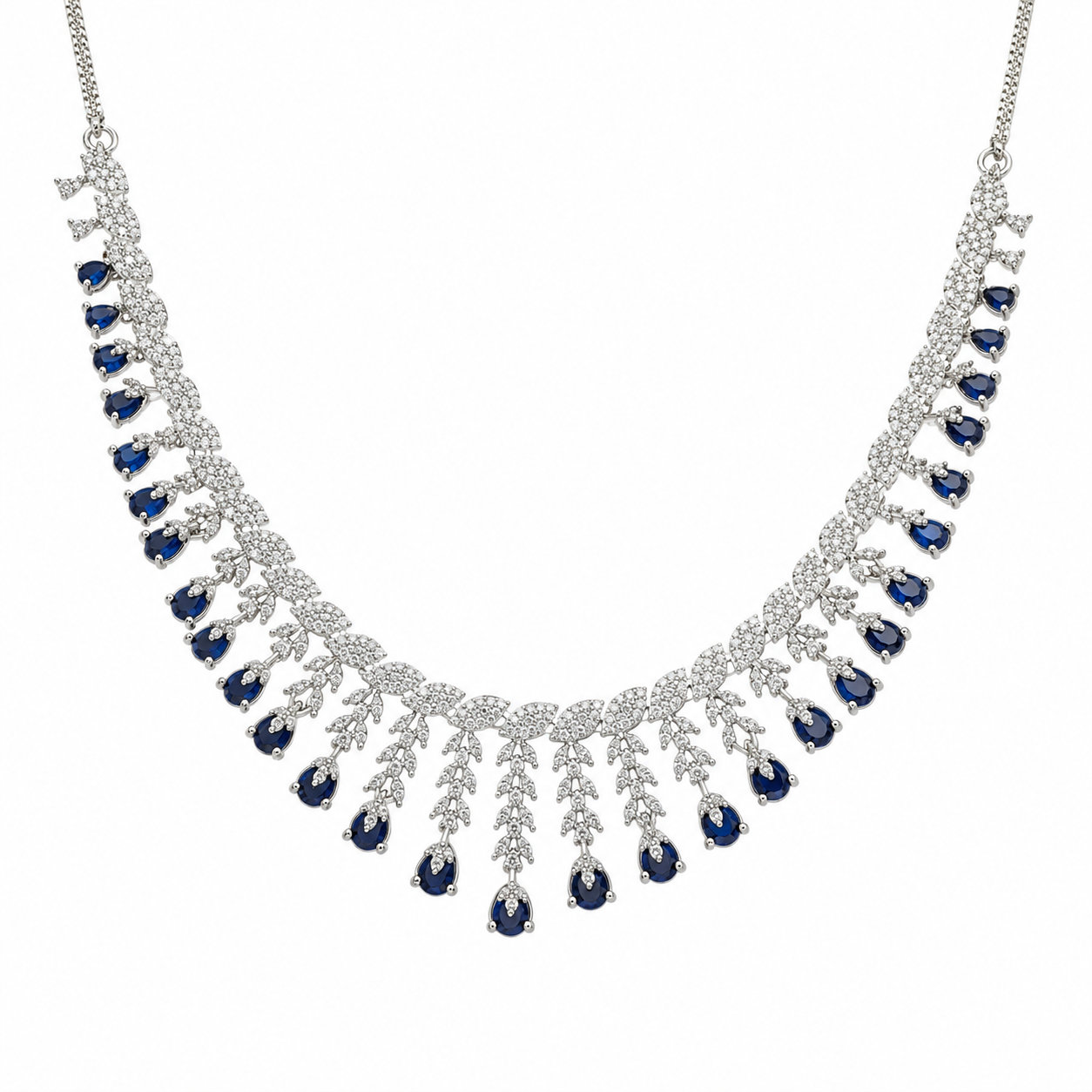 Royal Blue Sapphire Crystal Necklace Set with Matching Drop Earrings for Women