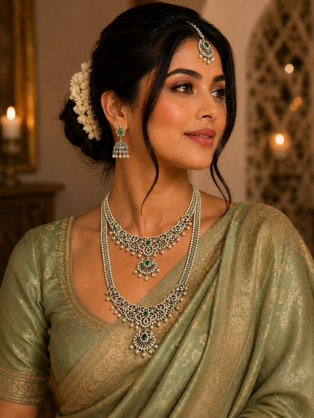 Bridal Long Necklace Set with Maang Tikka & Jhumka Earrings for Women