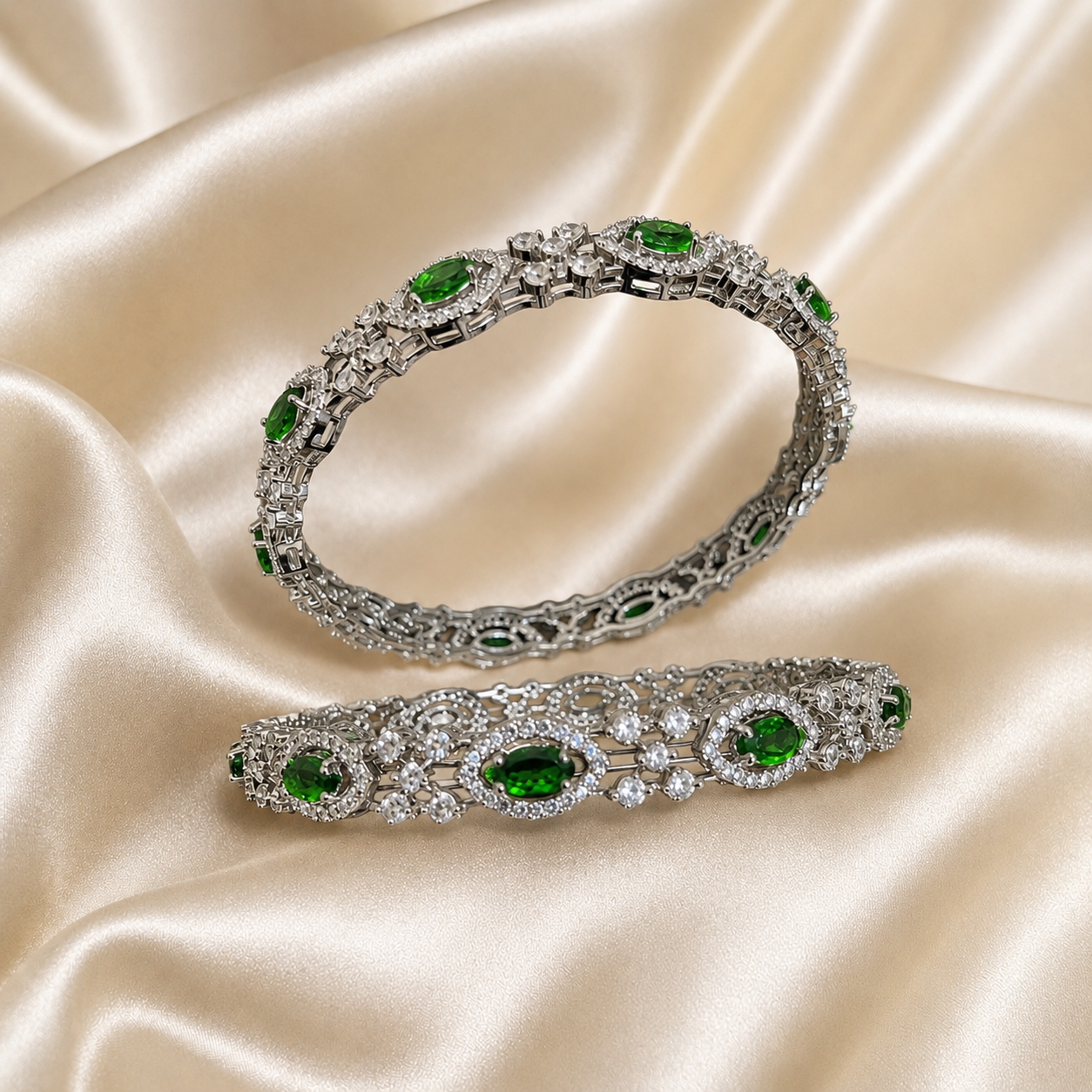Elegant Green Stone Silver Finish Bangle Set for Women