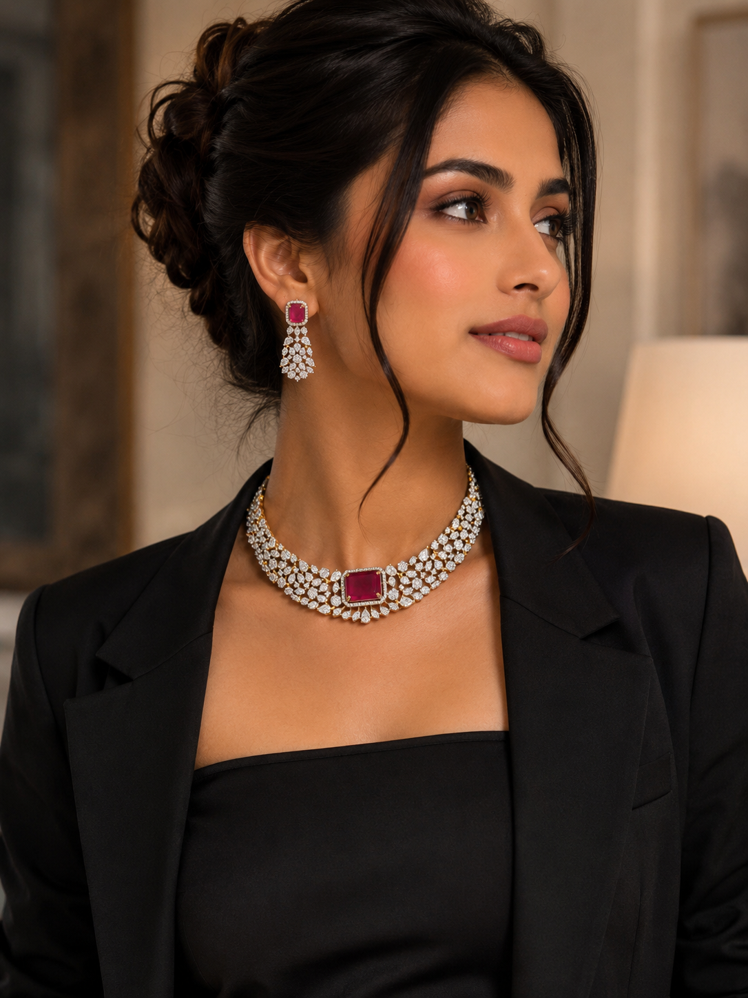 Actress Trisha Inspired Ruby Red Choker Necklace Set with Earrings