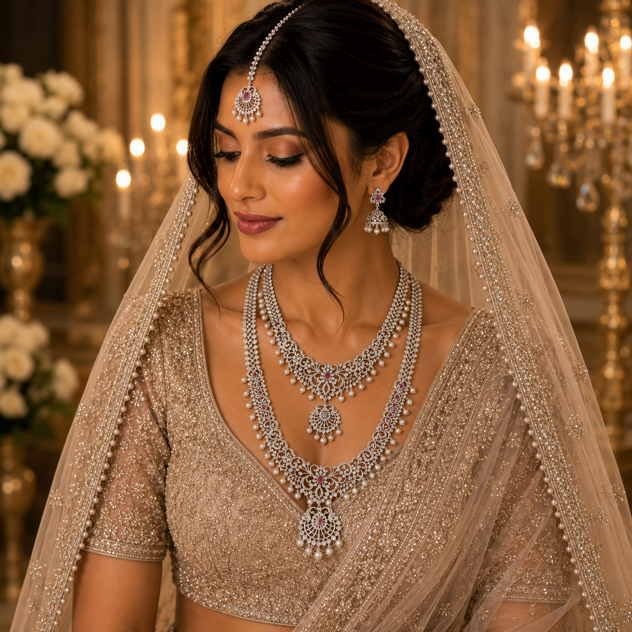 Bridal American Diamond Long Necklace Set with Maang Tikka & Jhumka Earrings for Women