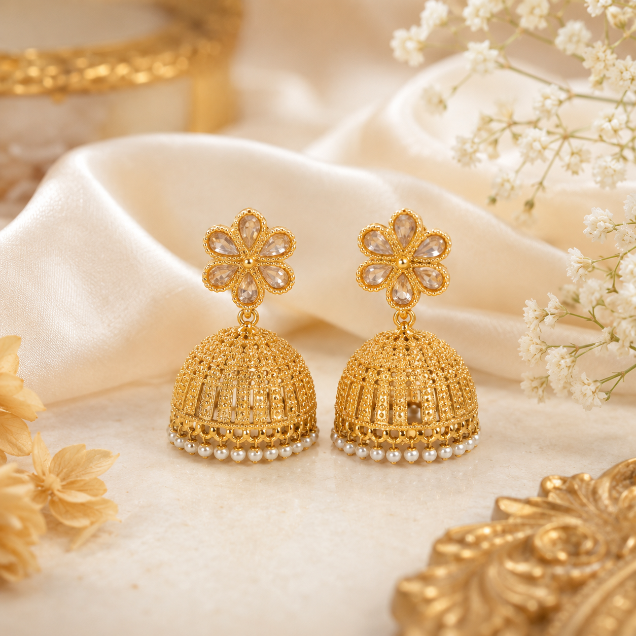Floral Pearl Jhumka Earrings for Women