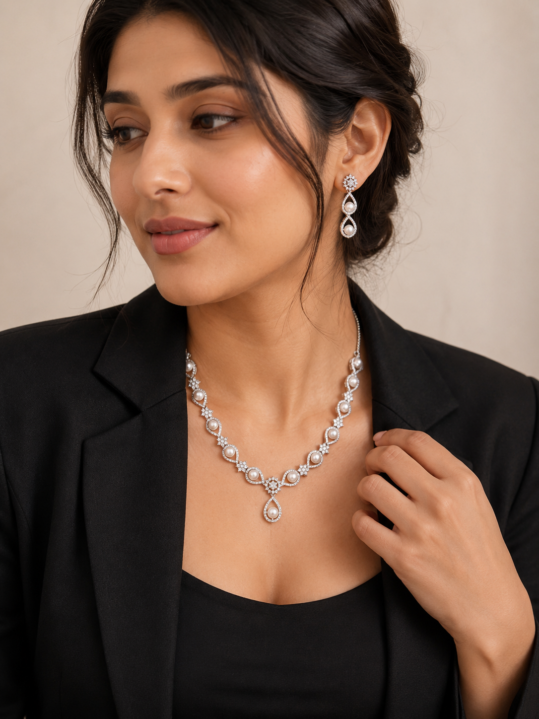 Elegant Pearl & Crystal Necklace Set with Matching Drop Earrings for Women