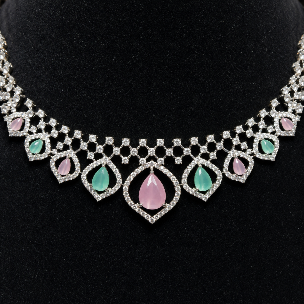 Pink and Mint Green Stone Necklace Set with Earrings for Women