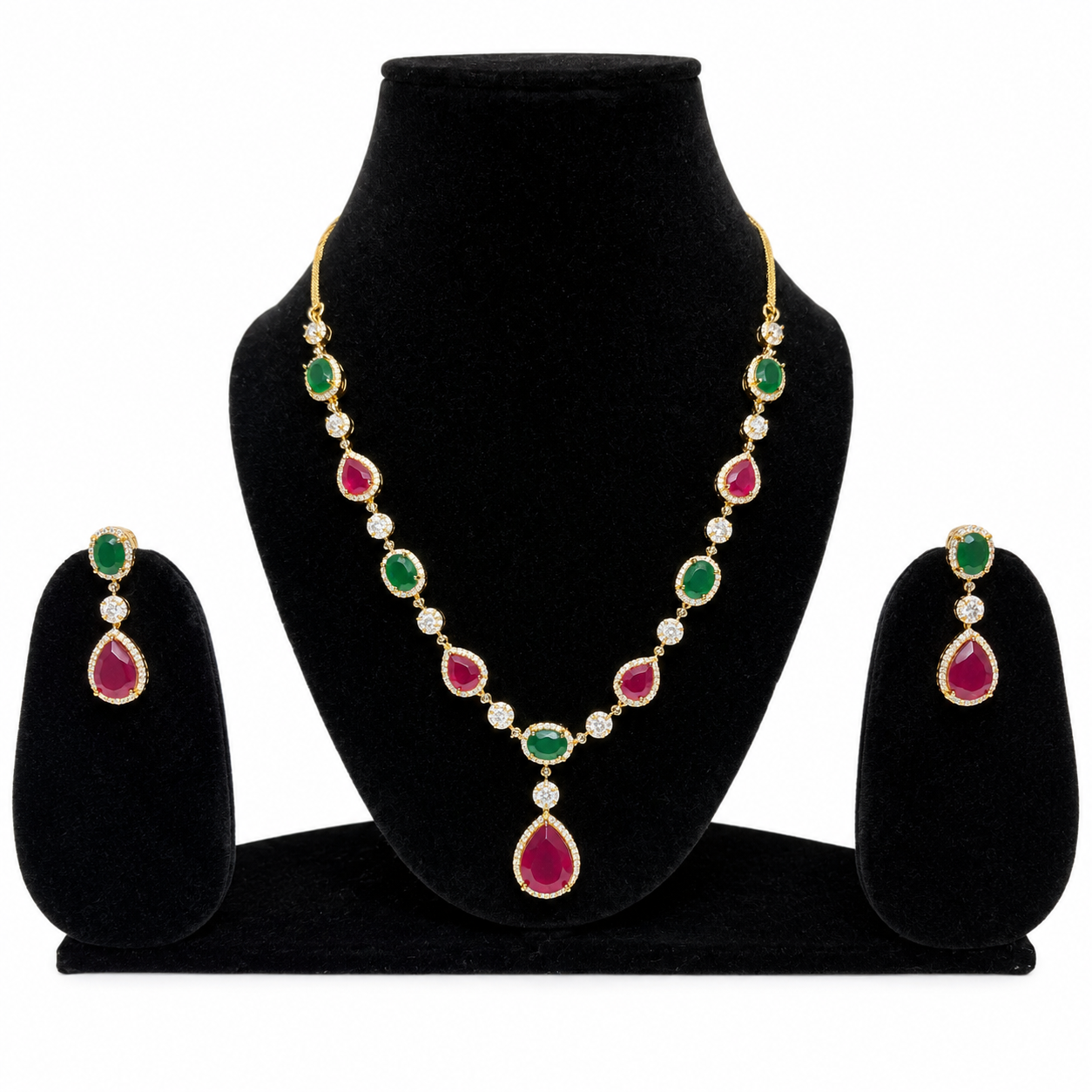 Ruby & Emerald Teardrop Necklace Set with Matching Earrings for Women