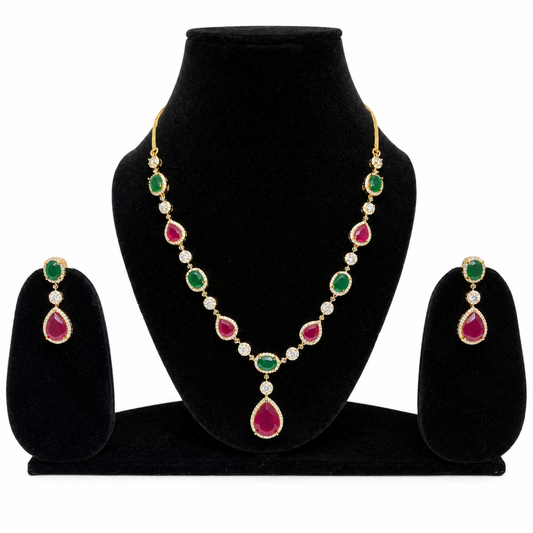 Ruby & Emerald Teardrop Necklace Set with Matching Earrings for Women