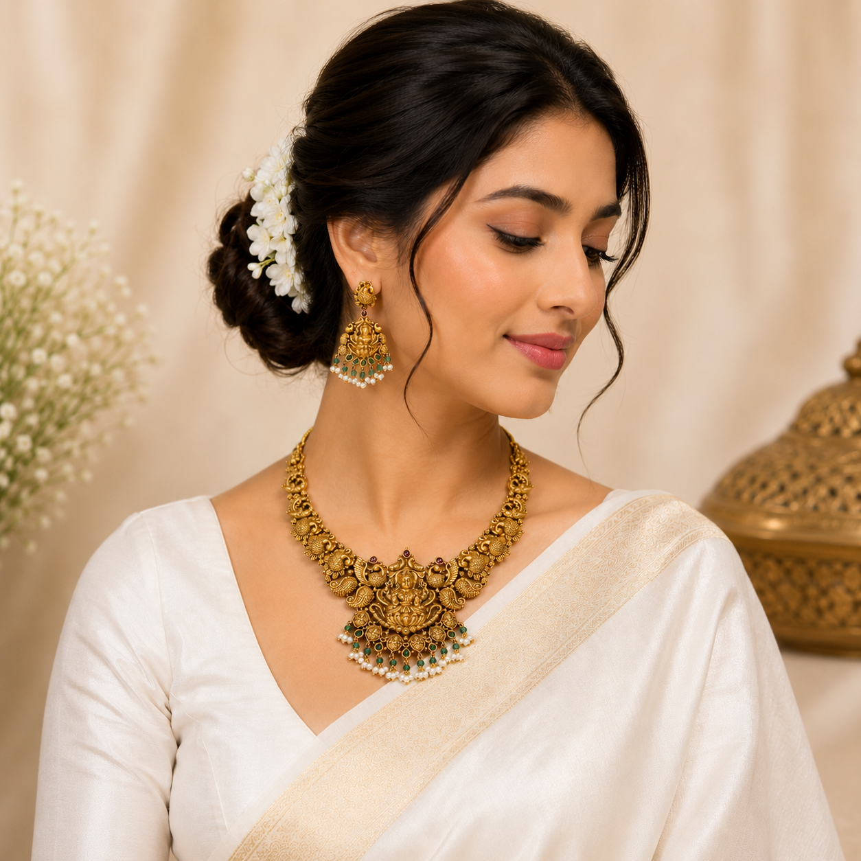 Traditional Lakshmi Temple Necklace Set with Green Beads for Women