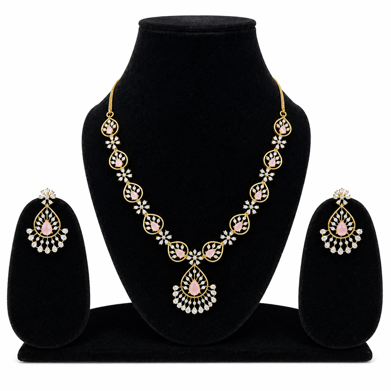 Pink Teardrop Crystal Necklace Set with Matching Earrings for Women