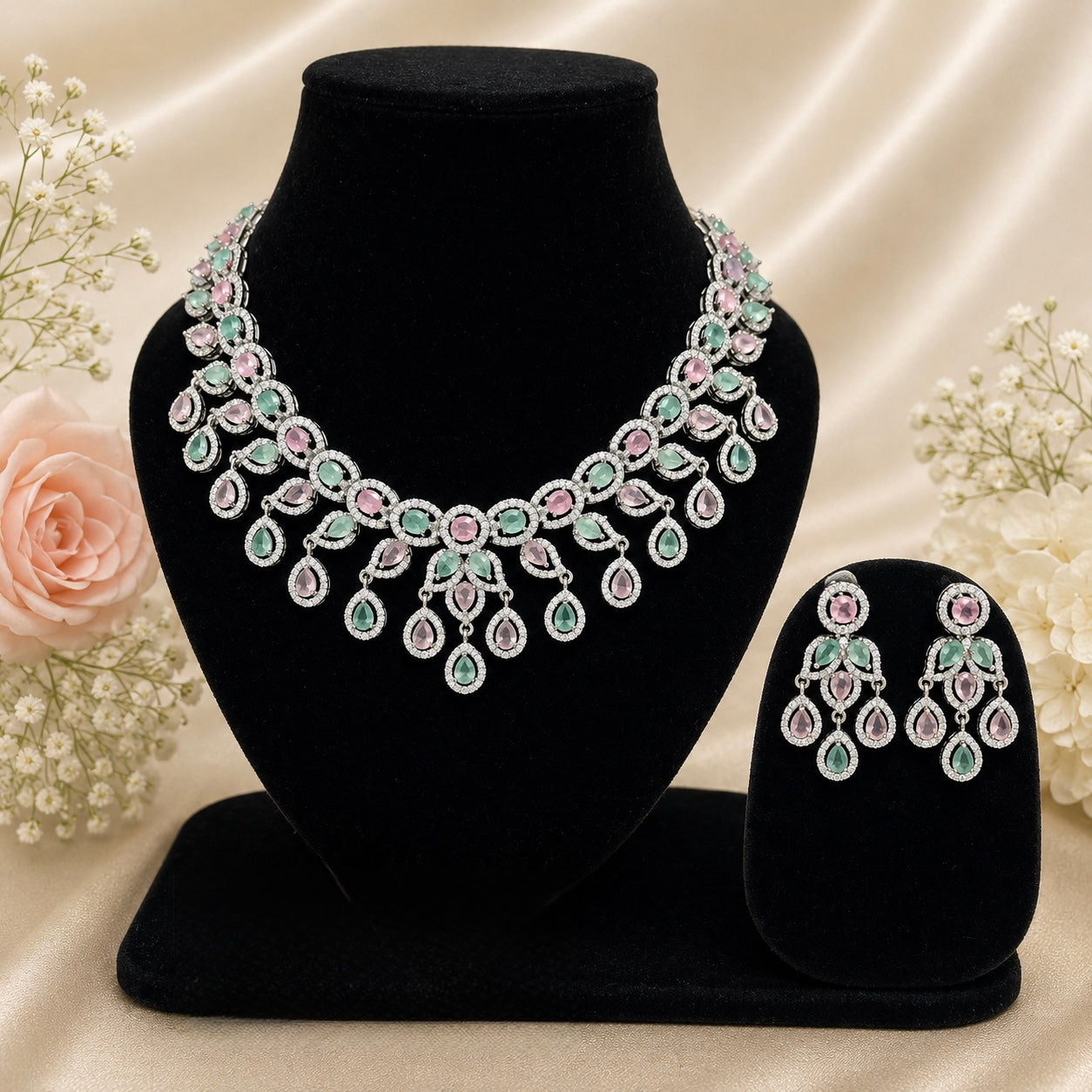 Pink and Green Stone Necklace Set with Earrings for Women