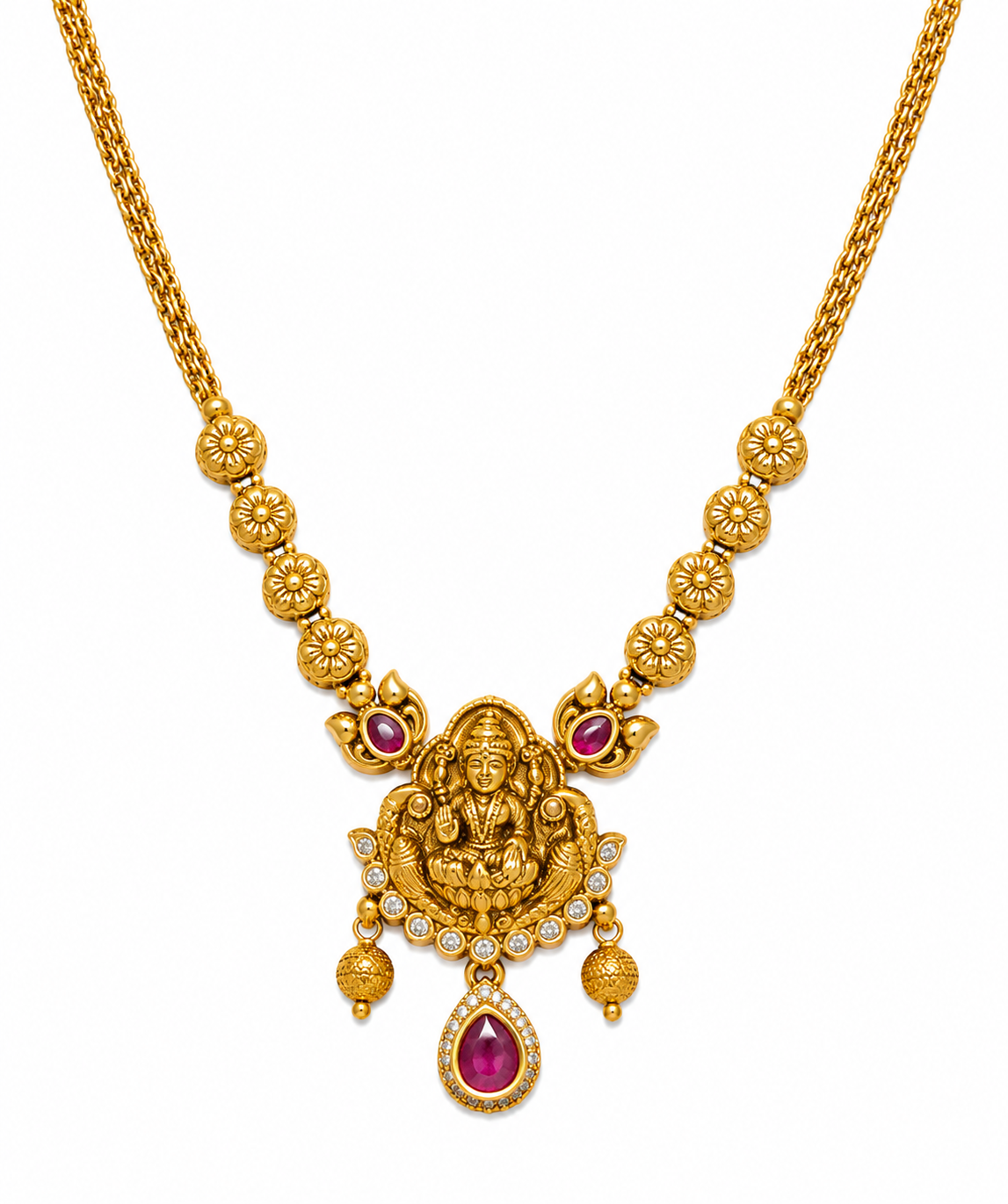 Traditional Lakshmi Pendant Necklace Set with Ruby Stone Accents for Women