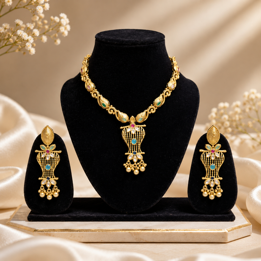 Traditional Gold-Tone Floral Pendant Necklace Set with Matching Earrings for Women