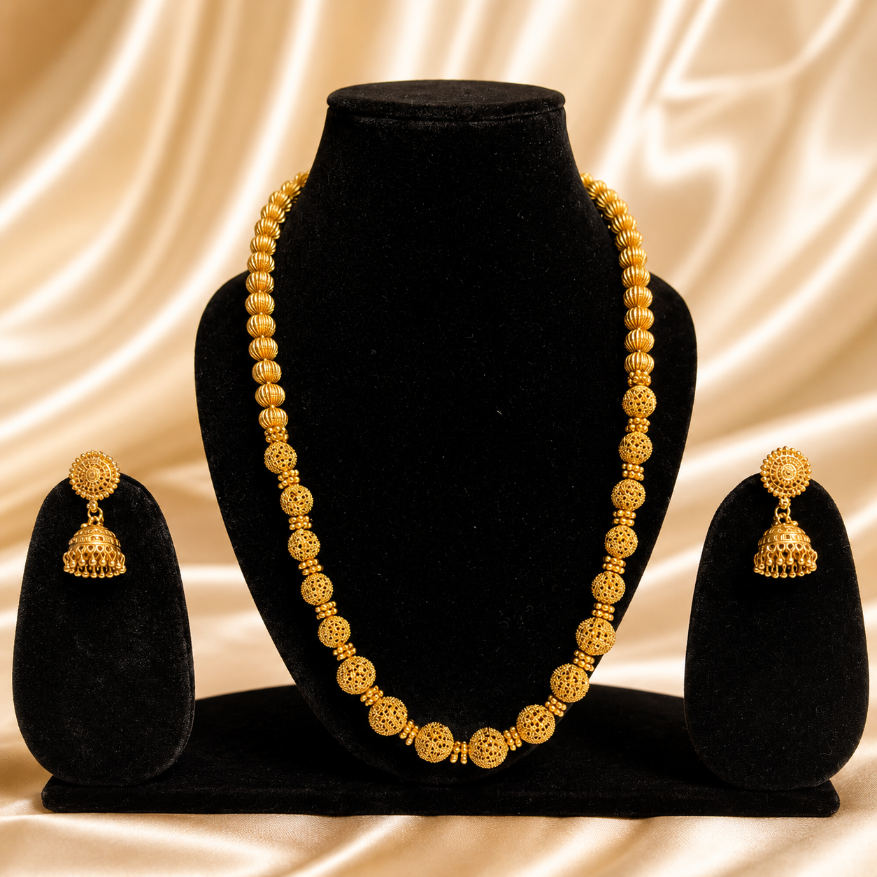 Traditional Gold Bead Necklace with Earring for Women