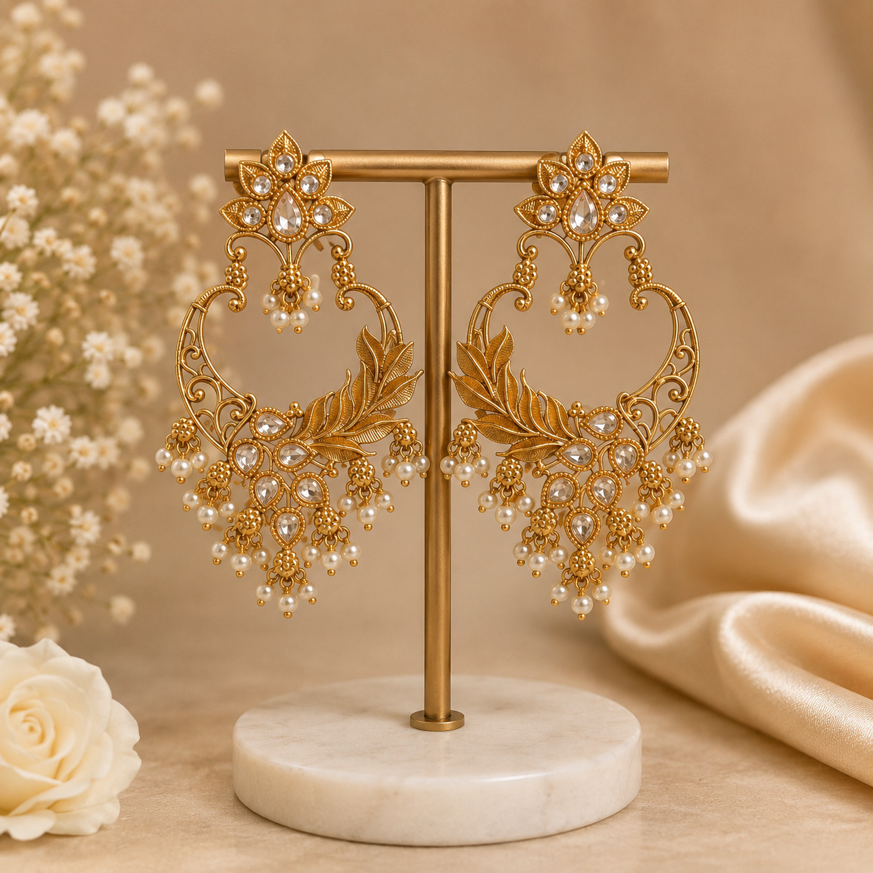 Pearl Leaf Chandbali Earrings for Women