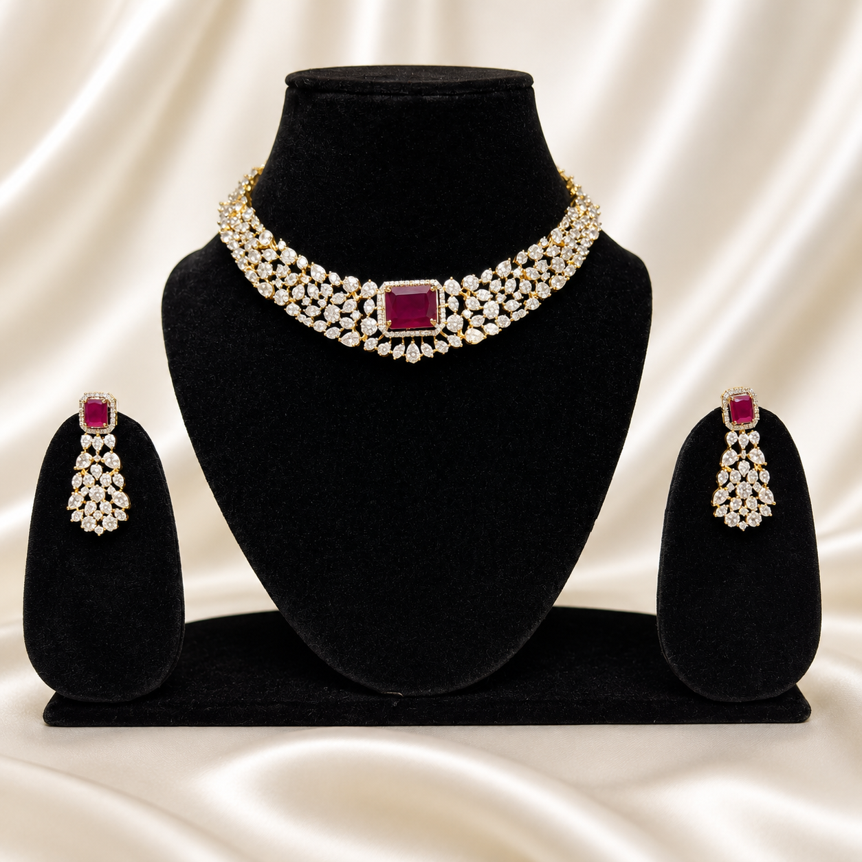 Actress Trisha Inspired Ruby Red Choker Necklace Set with Earrings