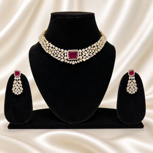 Actress Trisha Inspired Ruby Red Choker Necklace Set with Earrings