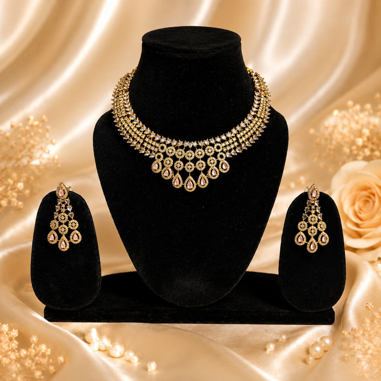 Elegant Pink Gold Party Wear Jewelry Set for Women