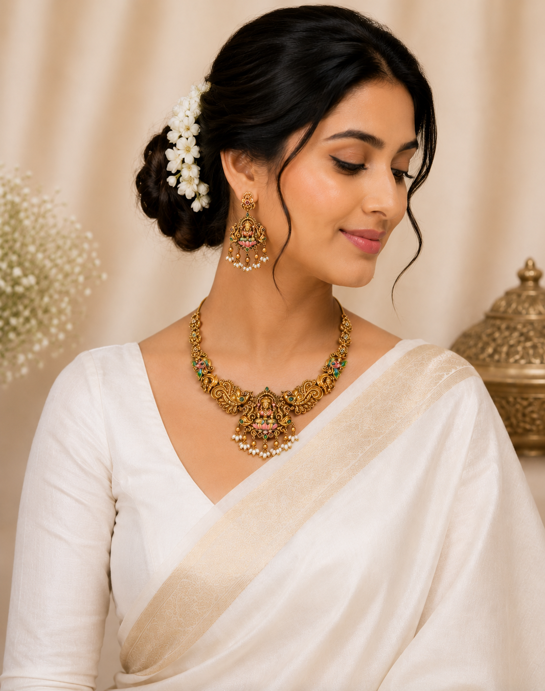 Designer Lakshmi Lotus Temple Necklace Set with Enamel Peacock Motifs for Women