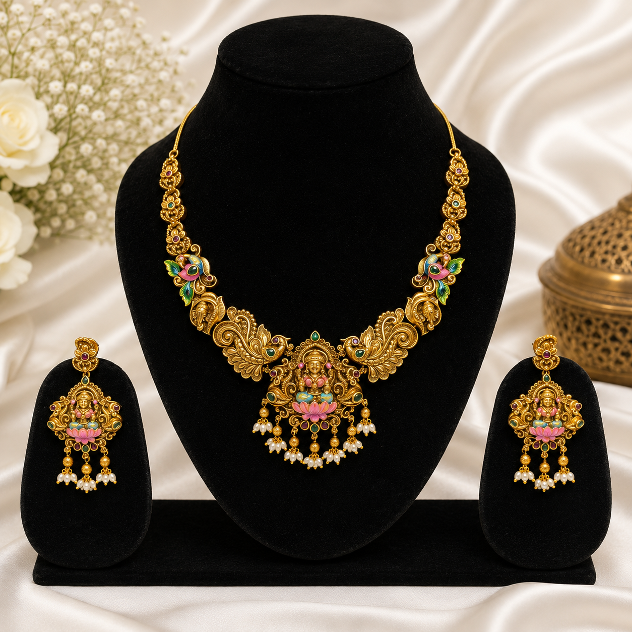 Designer Lakshmi Lotus Temple Necklace Set with Enamel Peacock Motifs for Women