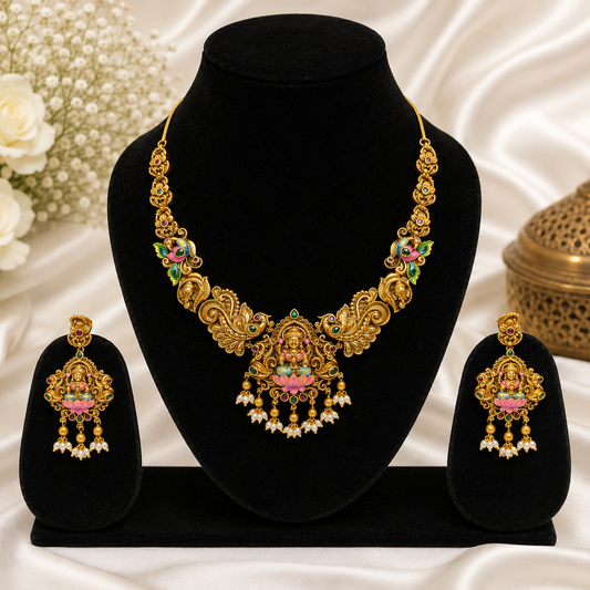 Designer Lakshmi Lotus Temple Necklace Set with Enamel Peacock Motifs for Women