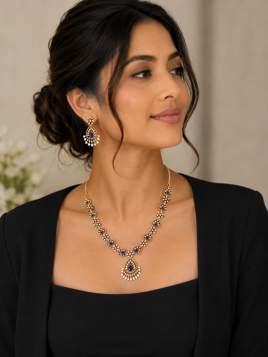 Blue Teardrop Crystal Necklace Set with Matching Earrings for Women