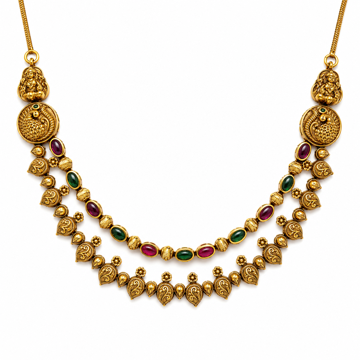 Antique Peacock Motif Necklace Set with Multicolor Stones for Women